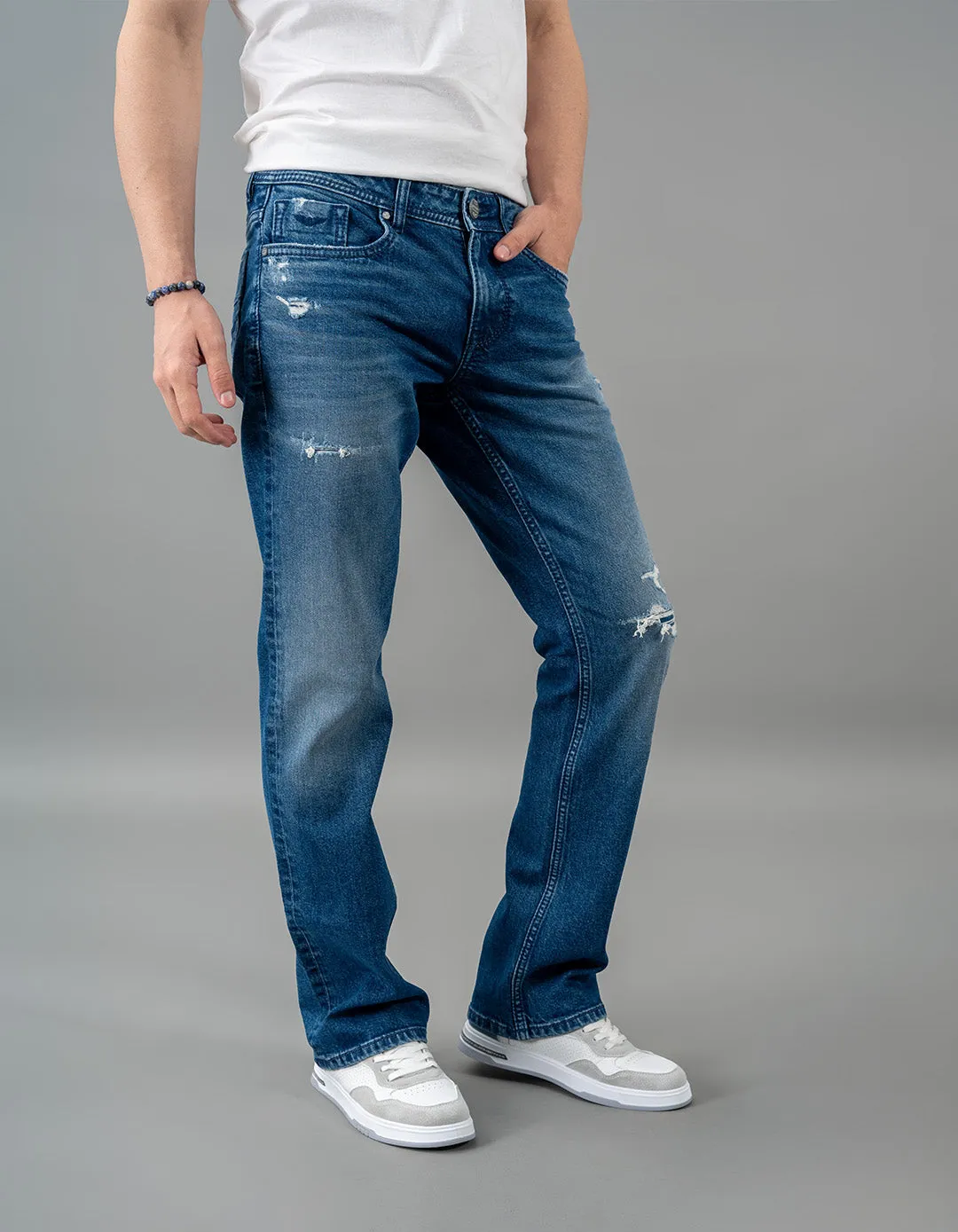 Med Blue 5 Pocket Mid Rise Loose Boot Leg Jeans