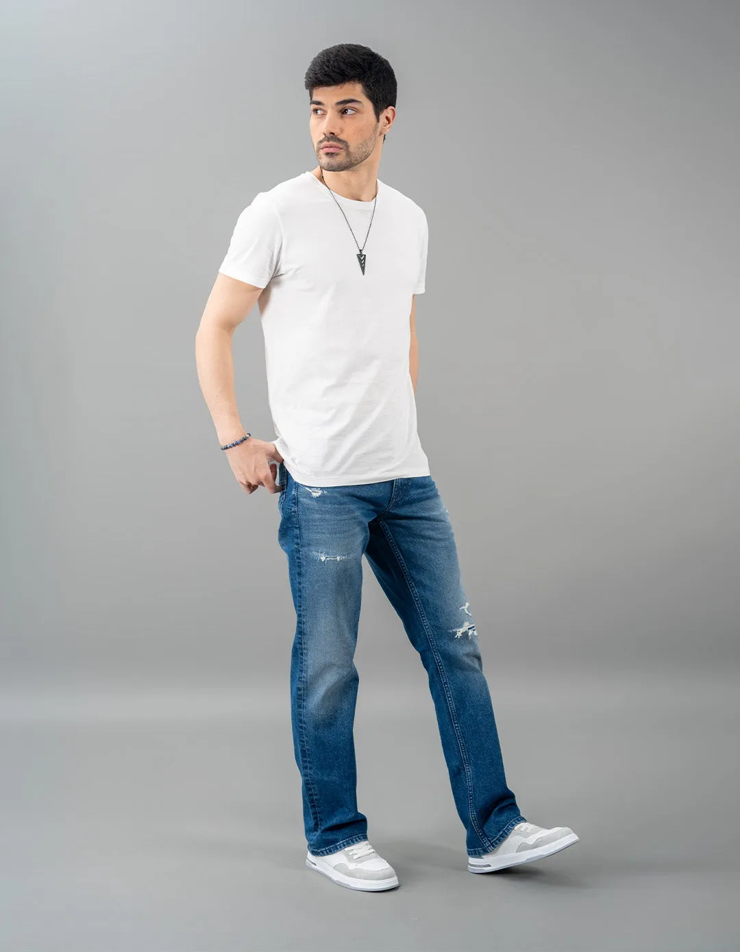 Med Blue 5 Pocket Mid Rise Loose Boot Leg Jeans
