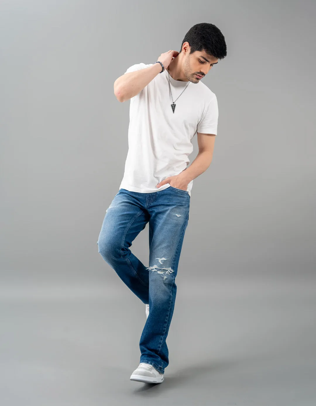 Med Blue 5 Pocket Mid Rise Loose Boot Leg Jeans