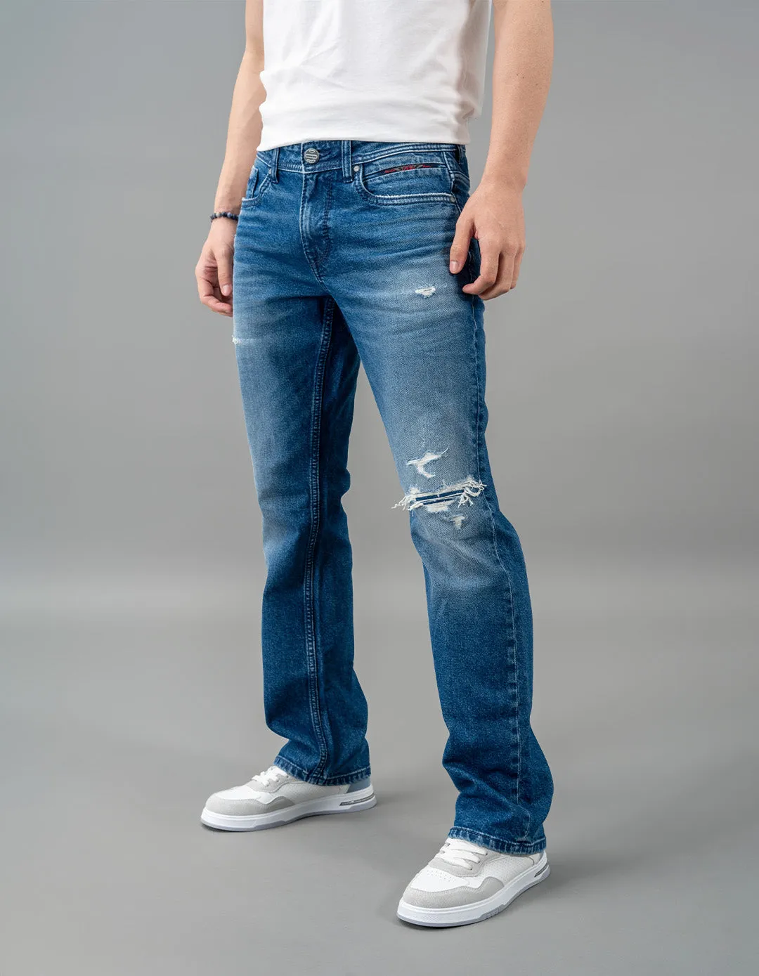 Med Blue 5 Pocket Mid Rise Loose Boot Leg Jeans