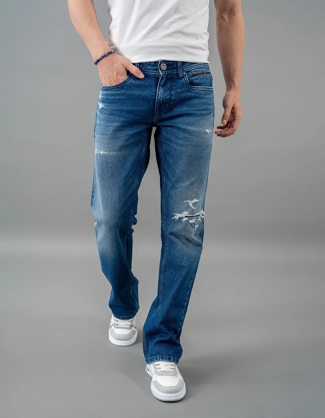 Med Blue 5 Pocket Mid Rise Loose Boot Leg Jeans