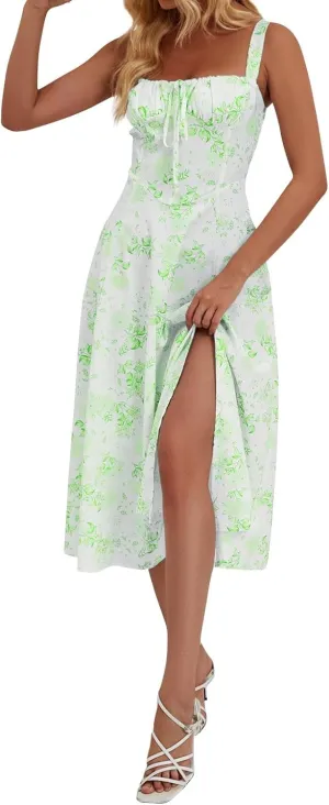 Milkmaid Dress Women 2025 Summer Elegant Square Neck Sleeveless Floral Corset Dress Boho Flowy Slit A Line Sundresses