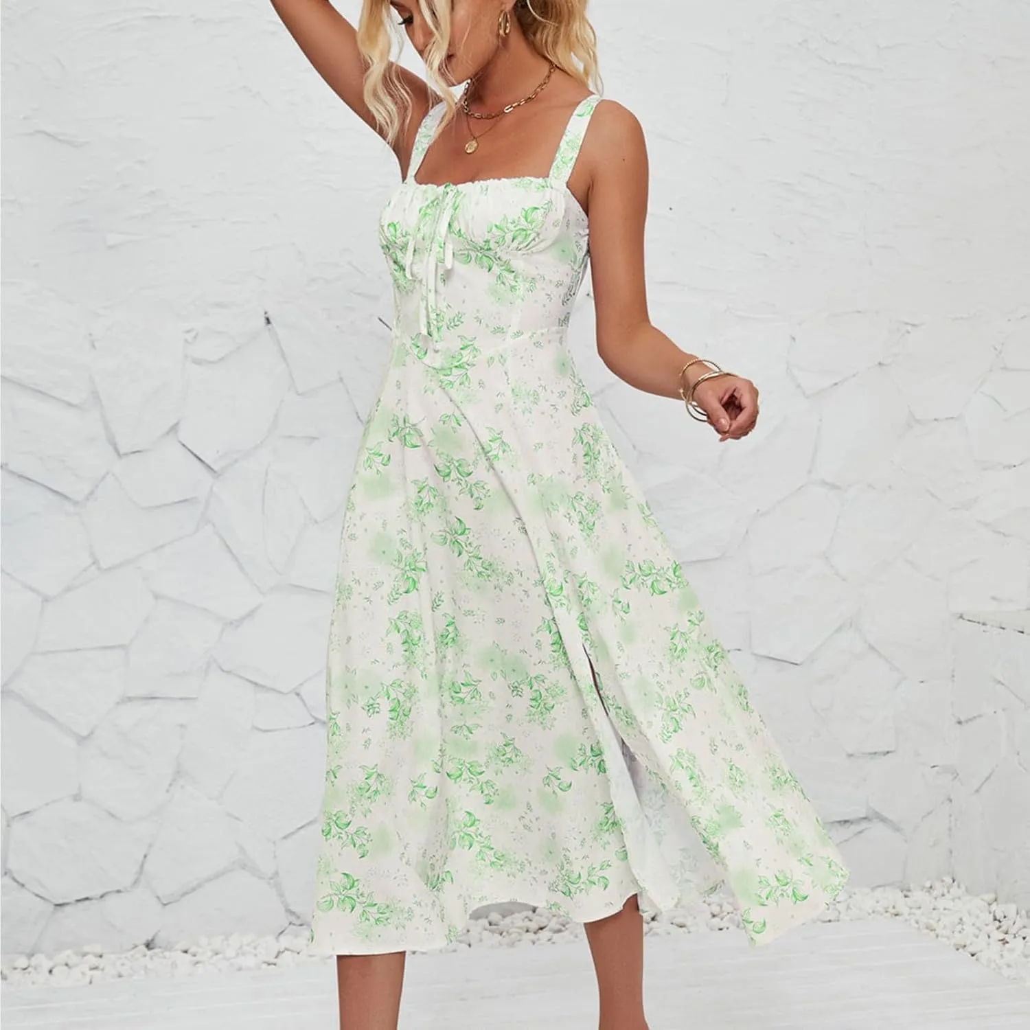 Milkmaid Dress Women 2025 Summer Elegant Square Neck Sleeveless Floral Corset Dress Boho Flowy Slit A Line Sundresses