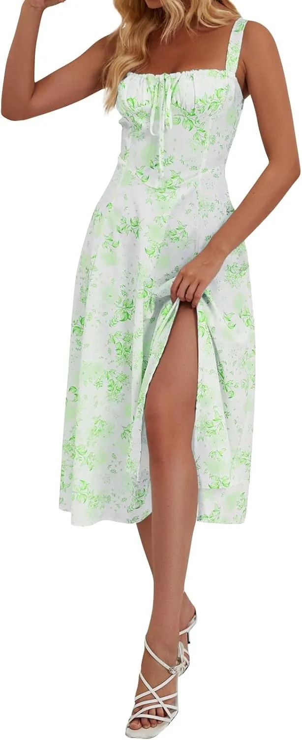 Milkmaid Dress Women 2025 Summer Elegant Square Neck Sleeveless Floral Corset Dress Boho Flowy Slit A Line Sundresses