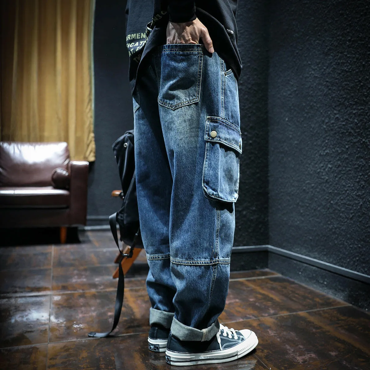 Multi Pocket Loose Straight Jeans P0038