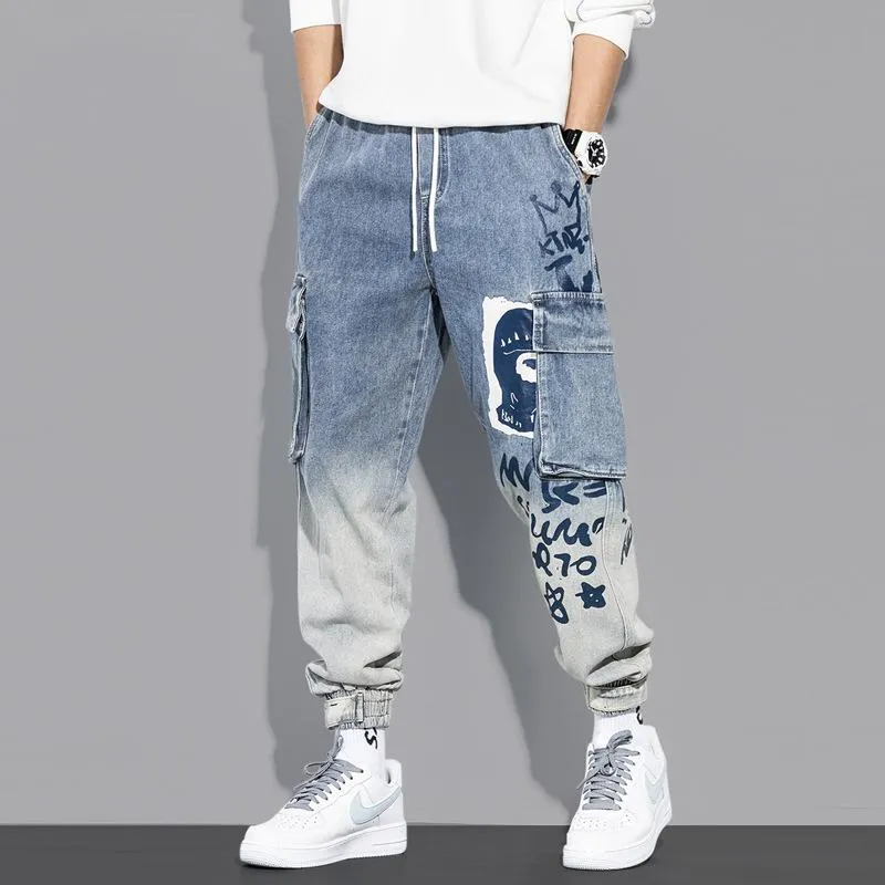 Multi-pocket tooling jeans men's trendy brand gradient trousers loose casual boys tie pants