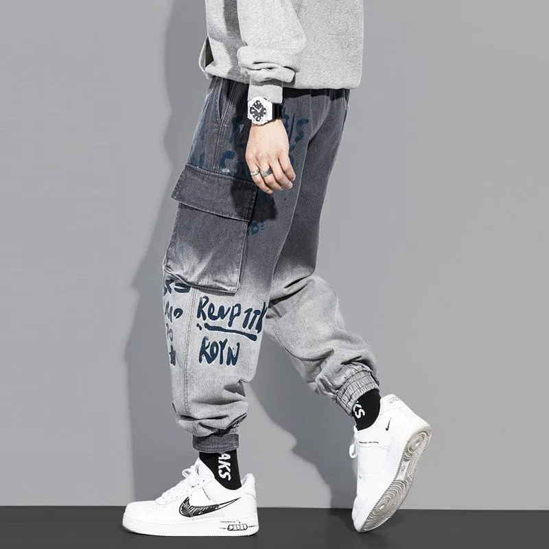 Multi-pocket tooling jeans men's trendy brand gradient trousers loose casual boys tie pants