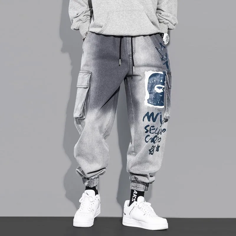 Multi-pocket tooling jeans men's trendy brand gradient trousers loose casual boys tie pants