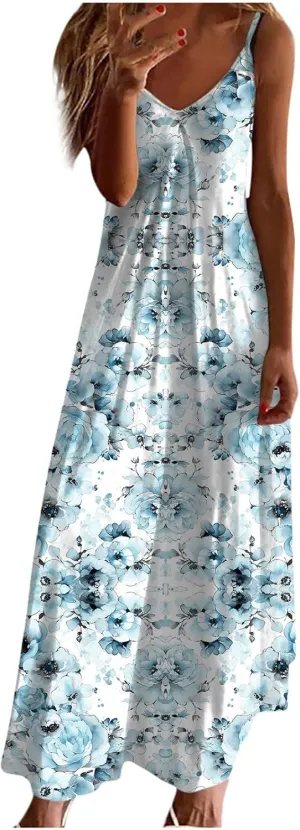 Mzkdieey Women's Sexy Maxi Long Dresses Casual Spaghetti Strap V Neck Cami Dress Plus Size Floral Print Loose Flowy Sundress