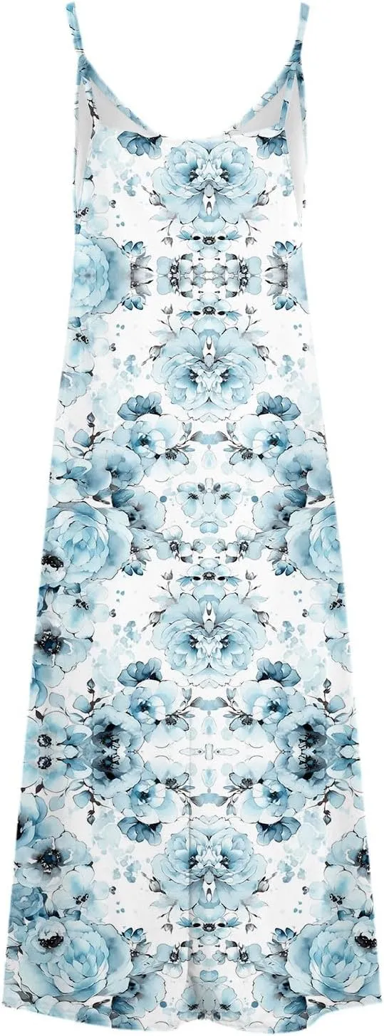 Mzkdieey Women's Sexy Maxi Long Dresses Casual Spaghetti Strap V Neck Cami Dress Plus Size Floral Print Loose Flowy Sundress