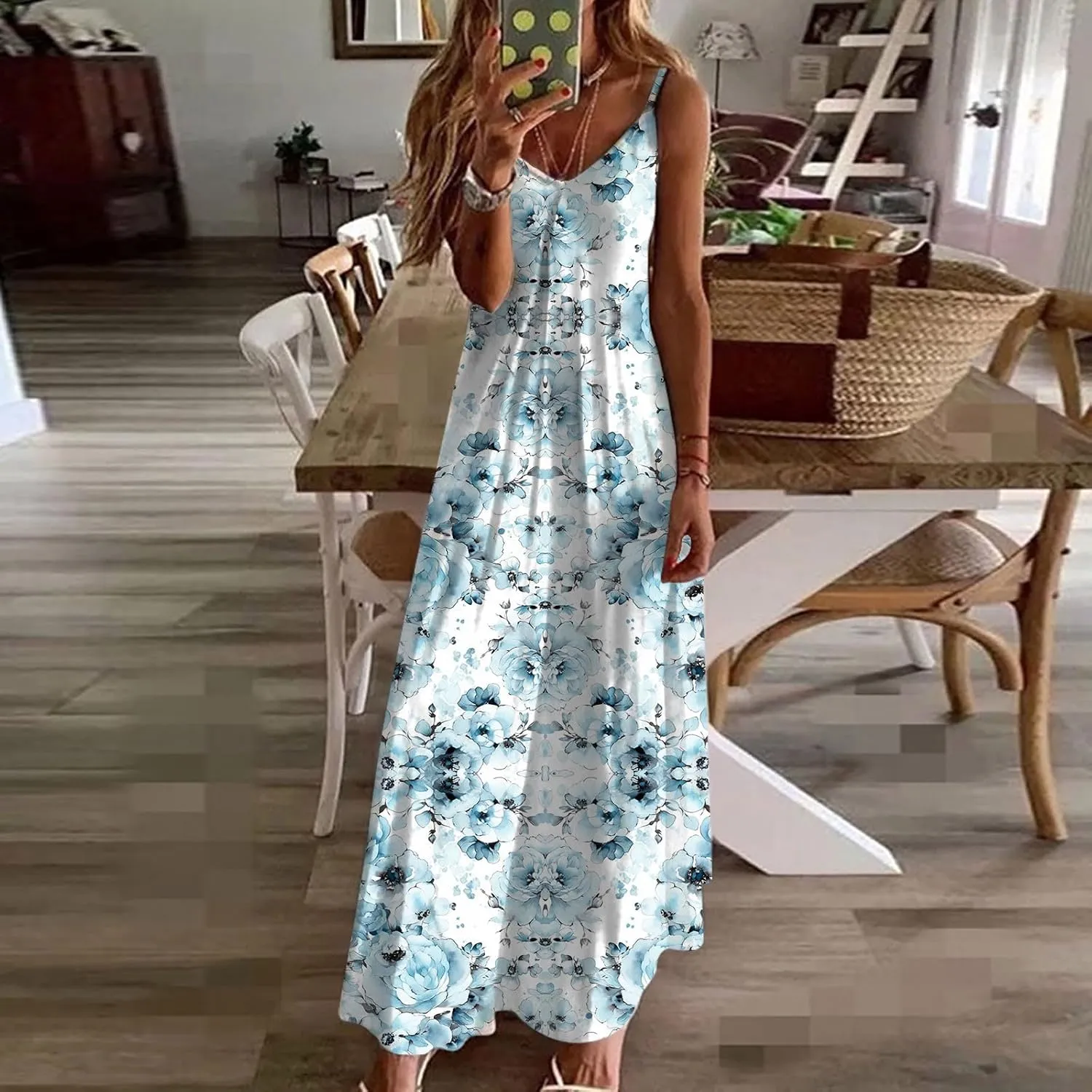 Mzkdieey Women's Sexy Maxi Long Dresses Casual Spaghetti Strap V Neck Cami Dress Plus Size Floral Print Loose Flowy Sundress