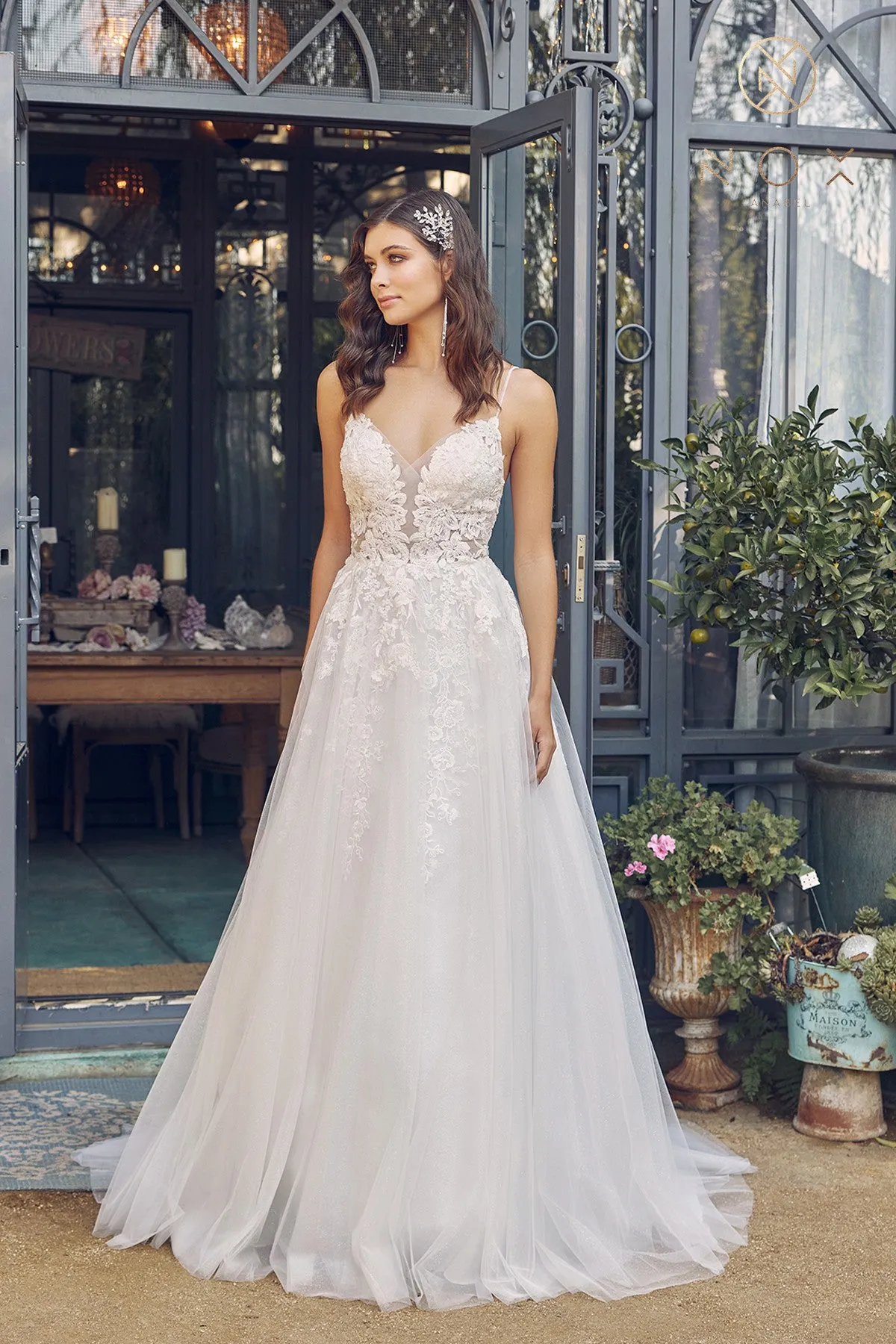 NOX ANABEL JE933 Embroidered V-Neck Wedding Dress