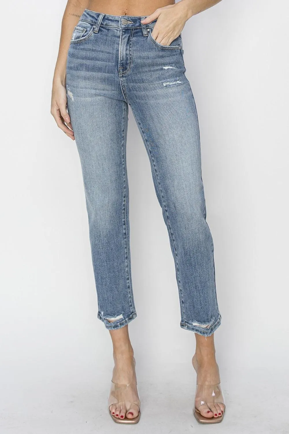 RISEN Trendy High Waist Distressed Cropped Jeans
