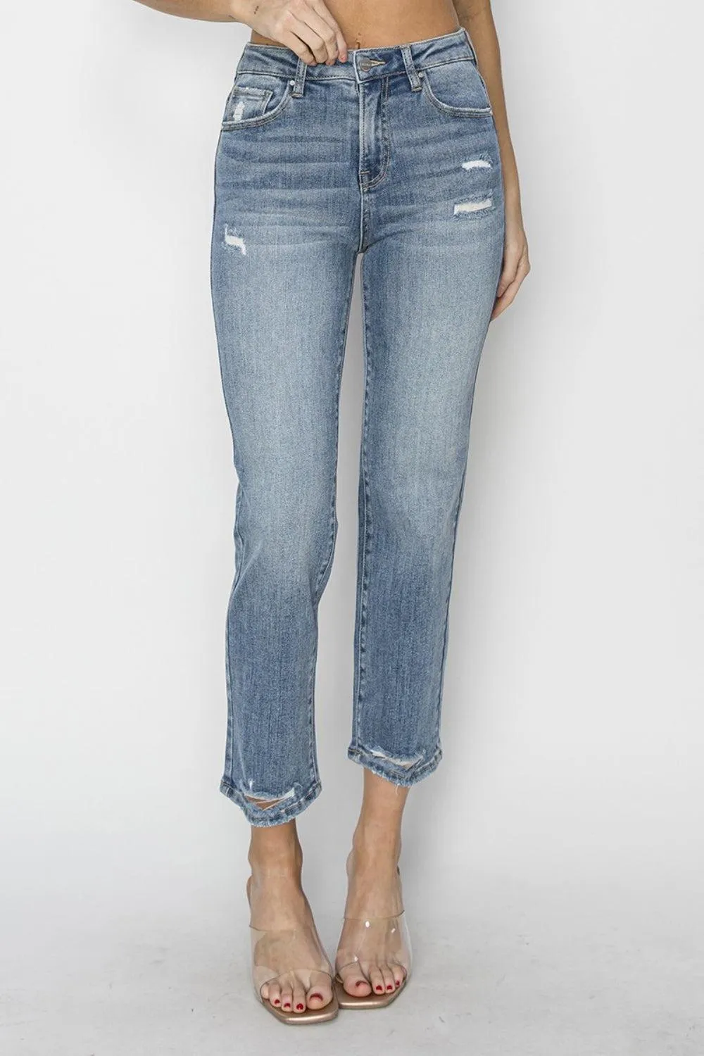 RISEN Trendy High Waist Distressed Cropped Jeans