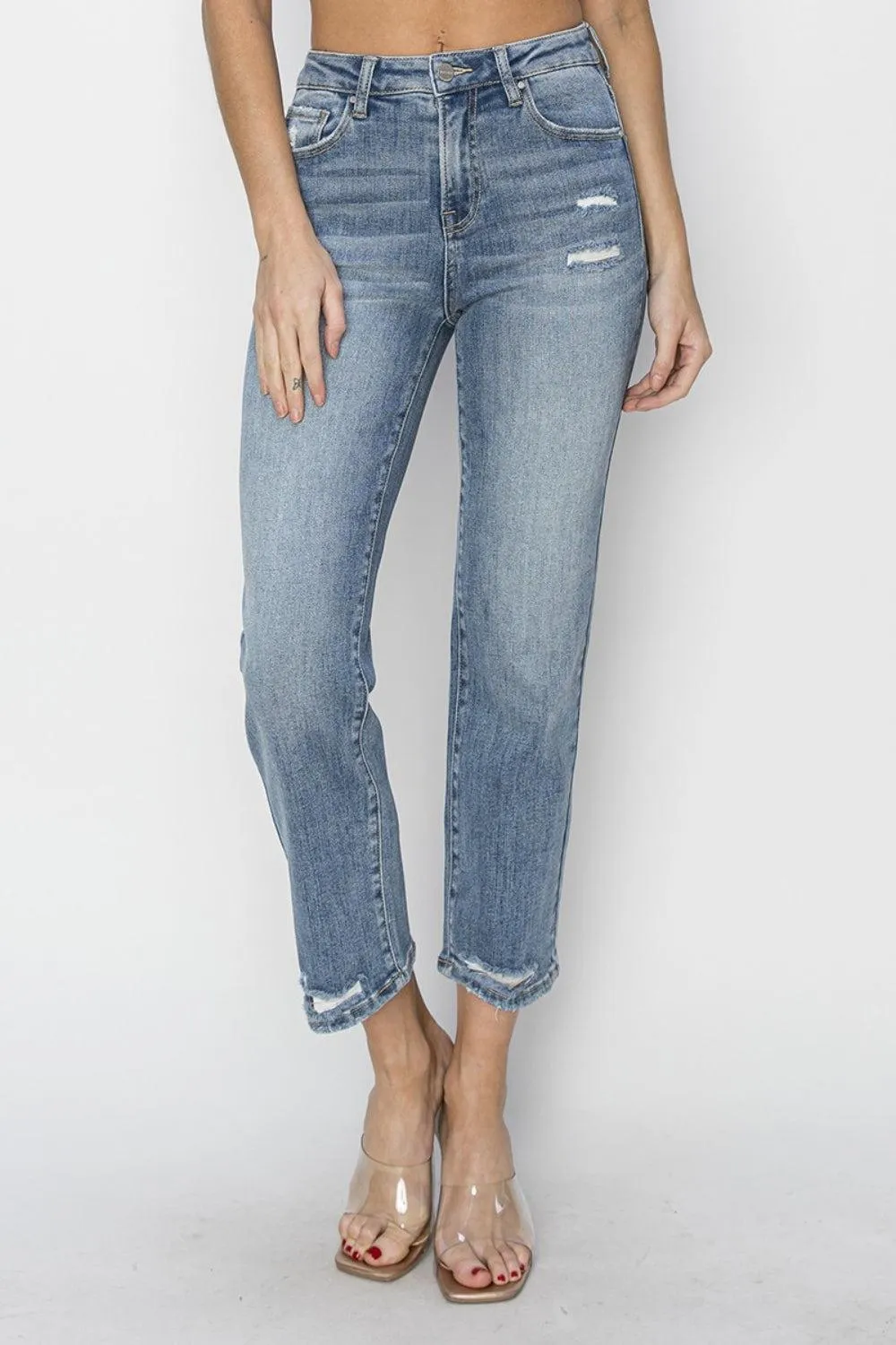 RISEN Trendy High Waist Distressed Cropped Jeans