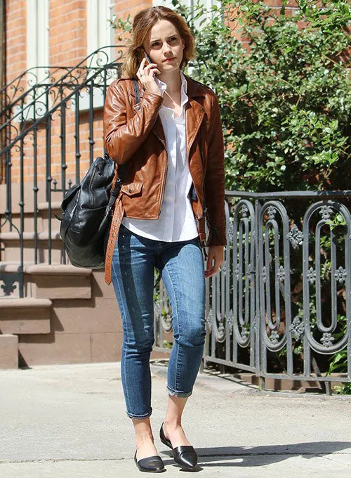 Stylish Brown Leather Jacket Worn by Emma Watson | Emma Watson Leather Jacket