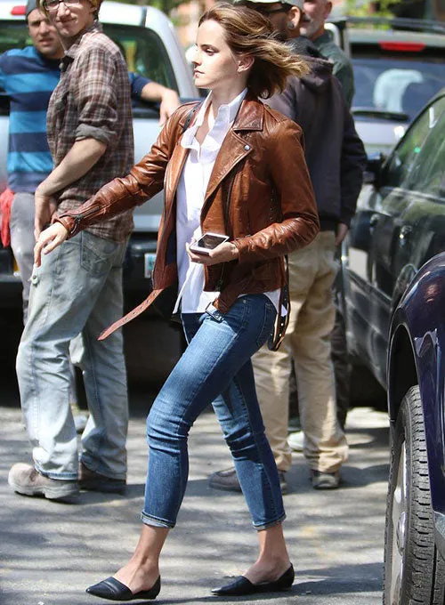 Stylish Brown Leather Jacket Worn by Emma Watson | Emma Watson Leather Jacket