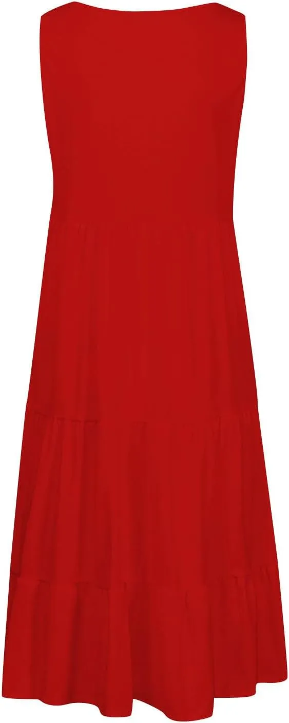Summer Dresses for Women 2025 Vacation Sleeveless Crewneck Mini Tank Dress Tiered Ruffle Flowy Beach Sundresses