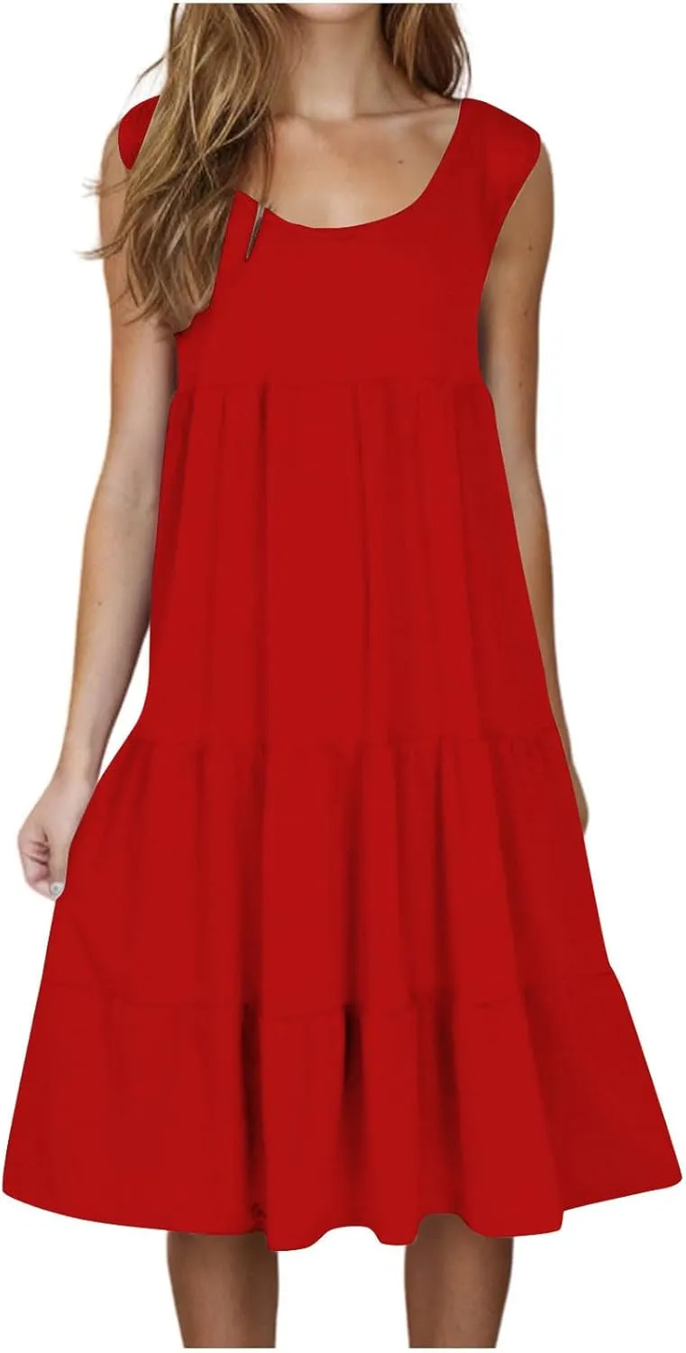 Summer Dresses for Women 2025 Vacation Sleeveless Crewneck Mini Tank Dress Tiered Ruffle Flowy Beach Sundresses