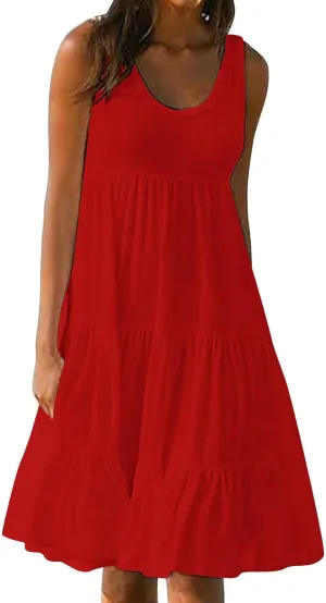 Summer Dresses for Women 2025 Vacation Sleeveless Crewneck Mini Tank Dress Tiered Ruffle Flowy Beach Sundresses