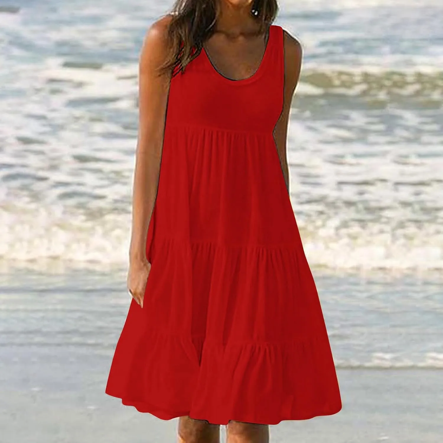 Summer Dresses for Women 2025 Vacation Sleeveless Crewneck Mini Tank Dress Tiered Ruffle Flowy Beach Sundresses