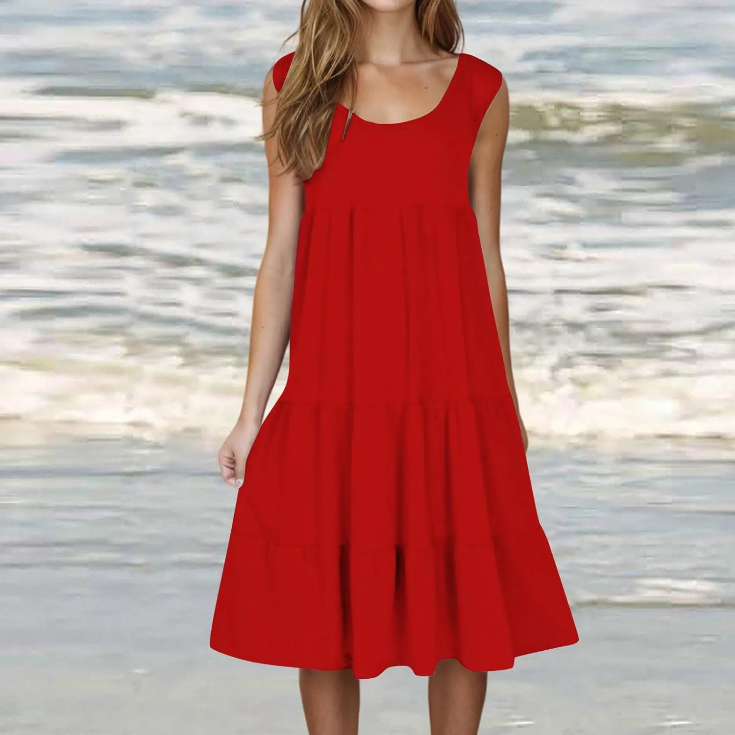 Summer Dresses for Women 2025 Vacation Sleeveless Crewneck Mini Tank Dress Tiered Ruffle Flowy Beach Sundresses