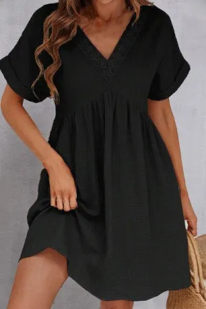 Versatile V Neck Short Sleeve Black Mini Dress