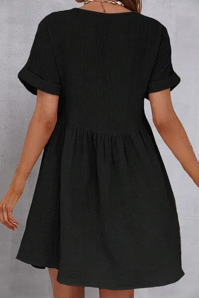 Versatile V Neck Short Sleeve Black Mini Dress