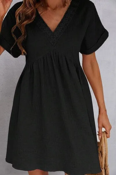 Versatile V Neck Short Sleeve Black Mini Dress