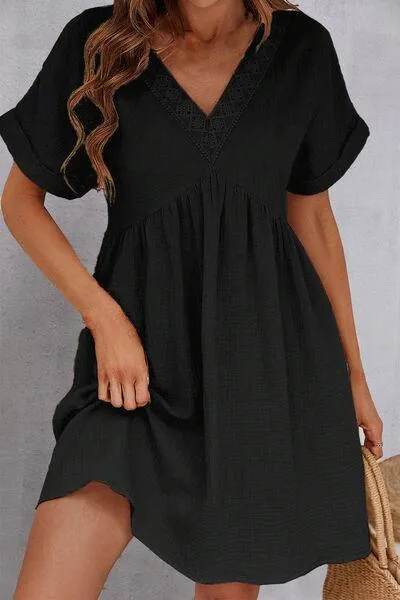 Versatile V Neck Short Sleeve Black Mini Dress