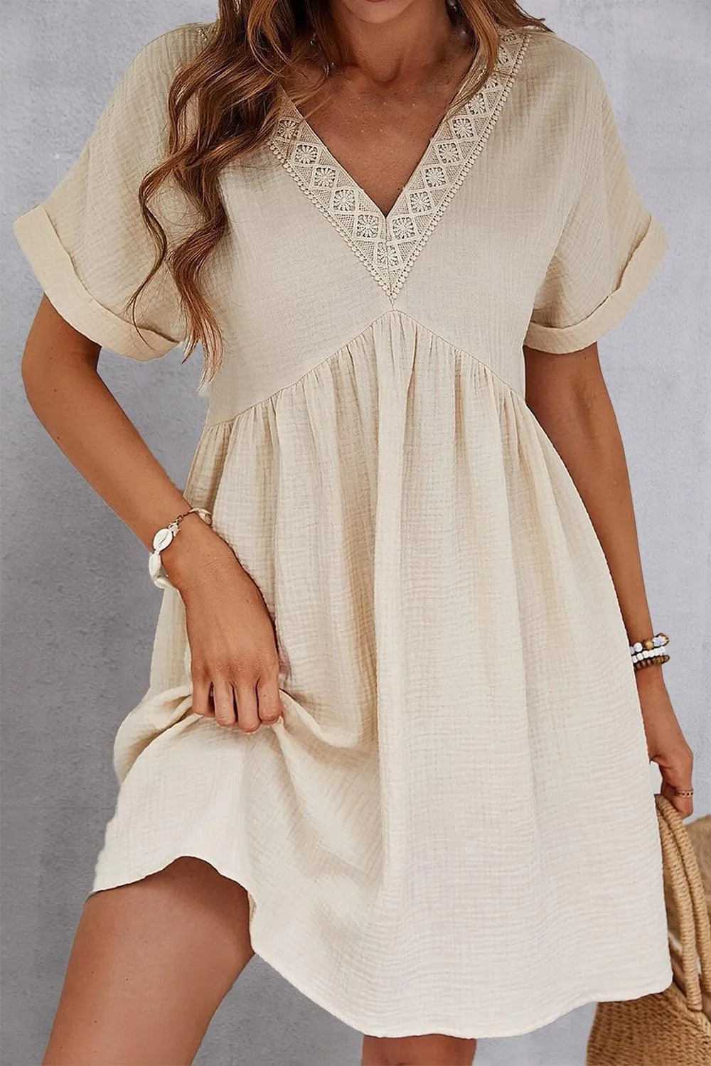 Versatile V Neck Short Sleeve Black Mini Dress
