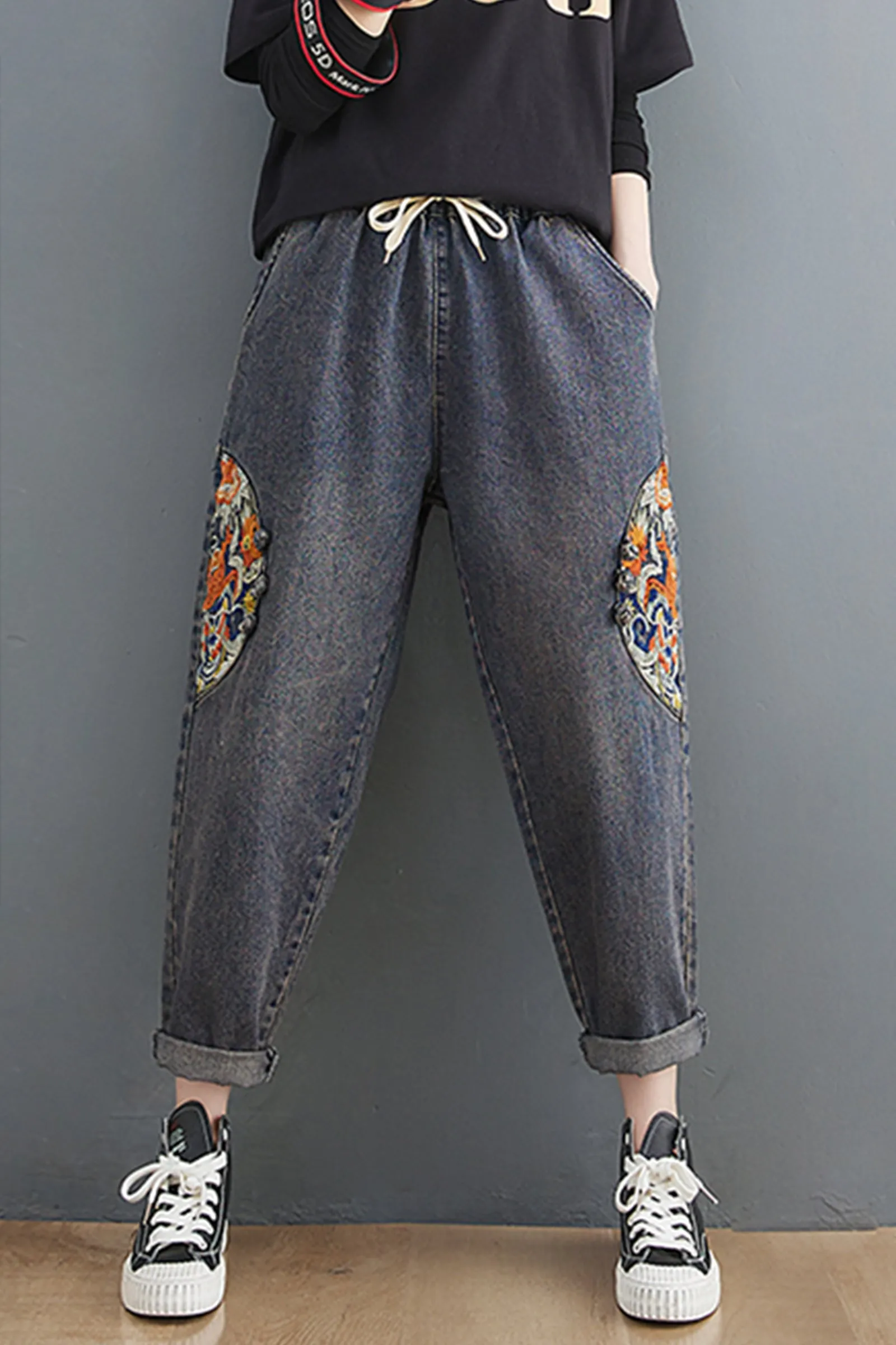Women's Jeans Pattern Elastic Waist Casual Harem Pants With Pockets
