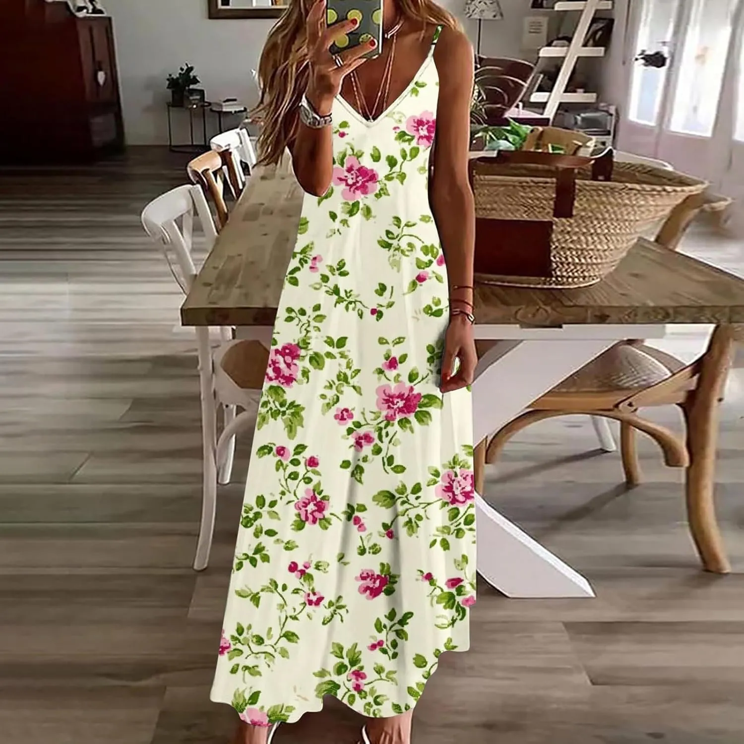 Women's Summer Maxi Dress 2025 Casual Spaghetti Straps V Neck Sundresses Boho Floral Print Beach Travel Cami Dresses