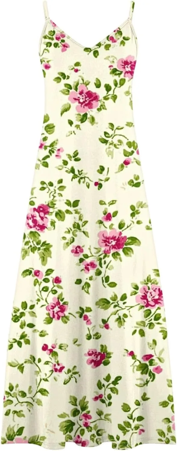 Women's Summer Maxi Dress 2025 Casual Spaghetti Straps V Neck Sundresses Boho Floral Print Beach Travel Cami Dresses