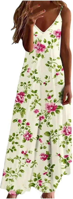 Women's Summer Maxi Dress 2025 Casual Spaghetti Straps V Neck Sundresses Boho Floral Print Beach Travel Cami Dresses