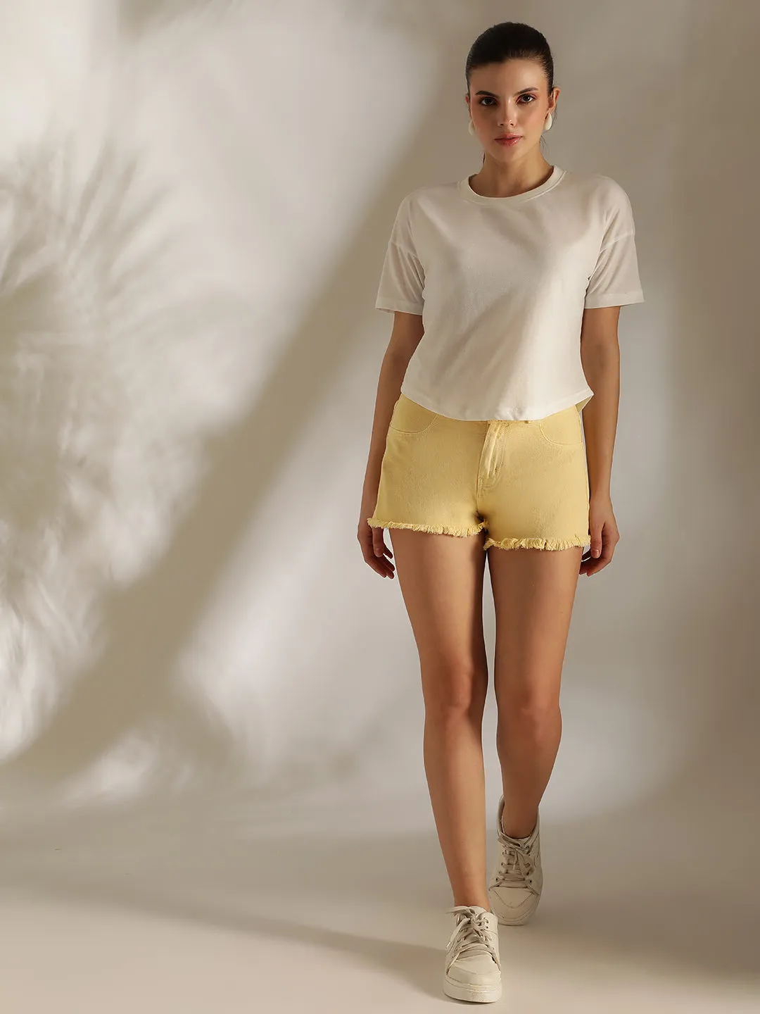 WomensYellow Washed Cotton Casual Shorts
