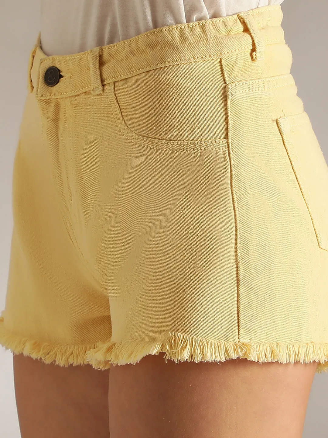 WomensYellow Washed Cotton Casual Shorts