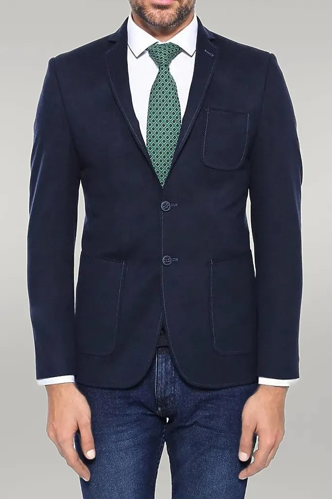 WSS Cachet Plaid Patterned Navy Blue Blazer  - Singen